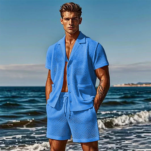 Men's European and American casual comfort versatile sport refreshing pure color hollow air -breathable short -sleeved suit - Suits in ##color## by Style Heaven | High-Quality & Trendy Fashion