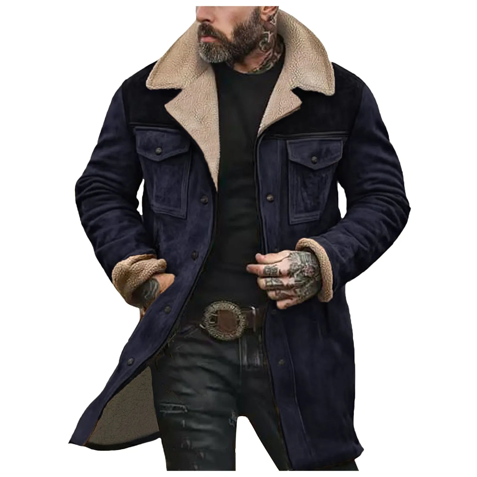 Mens Winter Warm Fleece Jackets Medium Long Jacket With Pockets Vintage Casual Street Jacket Overcoat Male Outerwear Tops-Style Heaven