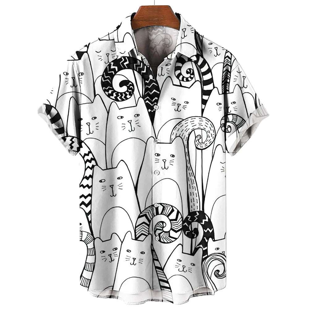 Summer Fashion Cartoon Animal Cat Print Men's Printed Short Sleeve Shirt Street Daily Casual Men Shirt Oversized Tops SIZE S-5XL - Clothing Tops in ##color## by Style Heaven | High-Quality & Trendy Fashion