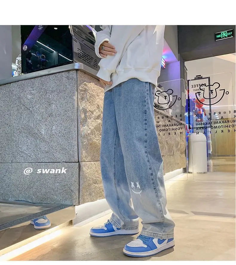 Male New Straight Vintage Gradient Washed Denim Pants Baggy Light Blue Black Casual Jeans  Printed  Fashion Hip Hop Streetwear-Style Heaven