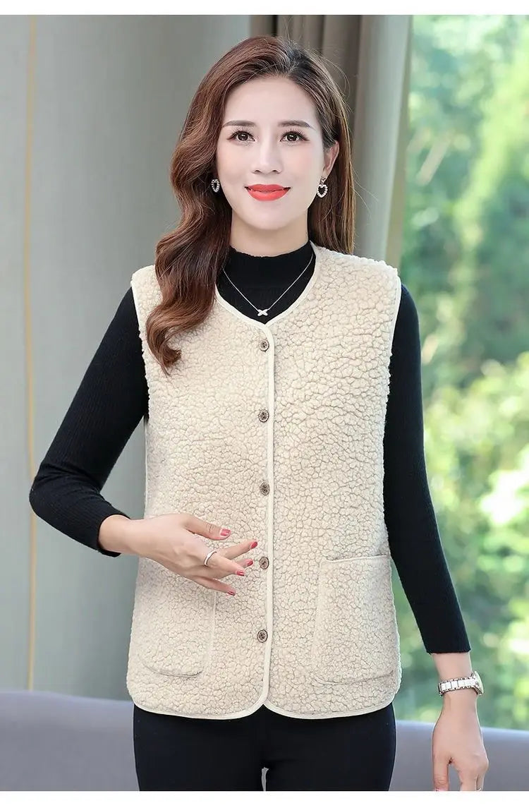 Women Autumn and Winter Fashion New Granular Fleece Coat Solid Color Button Pockets Splicing Warmth Versatile Sleeveless Vest