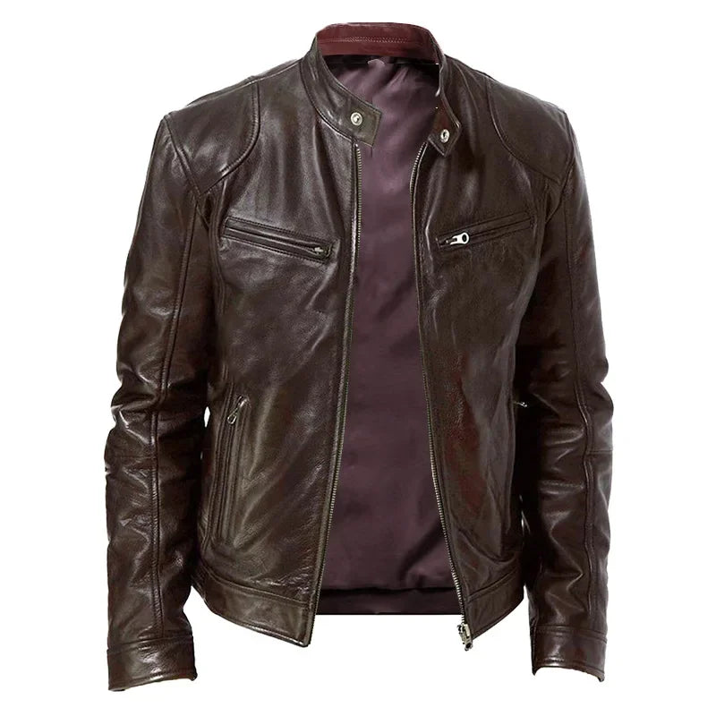 Fall and Winter Men's Leather Jacket Men's Stand-up Collar Jacket Zipper Biker Leather Jacket Casual Slim Leather Jacket-Style Heaven