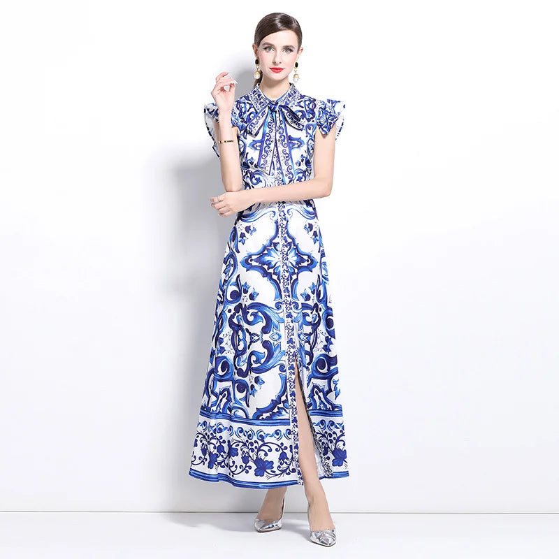 2025 Summer Blue White Porcelain Print Long Dress Shirt Women Single Breasted Flying Sleeve Elegant Floral Party Maxi Vestidos-Style Heaven