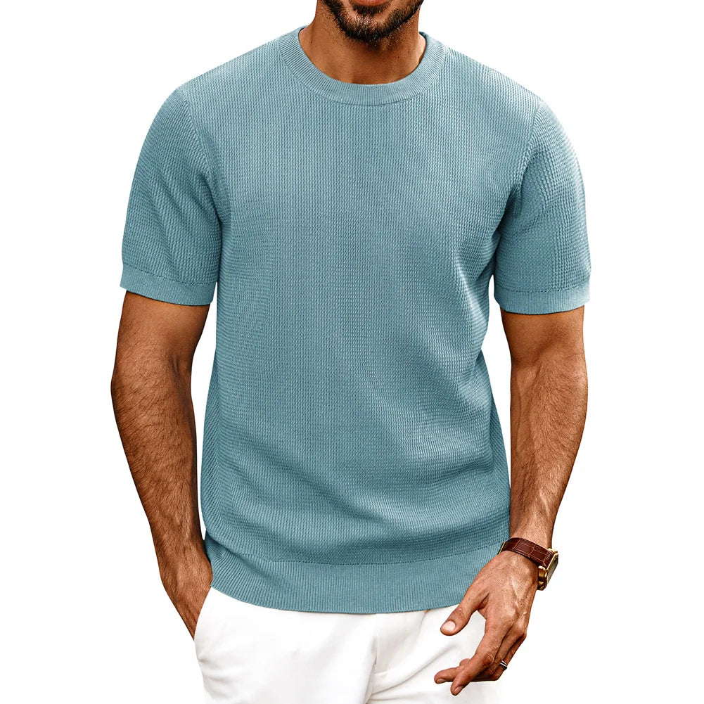 PJ Men Gentleman Basic Textured Knitted T-Shirt Short Sleeve Crew Neck Tops Knitwear High Stretch Fashion - Clothing Tops in ##color## by Style Heaven | High-Quality & Trendy Fashion