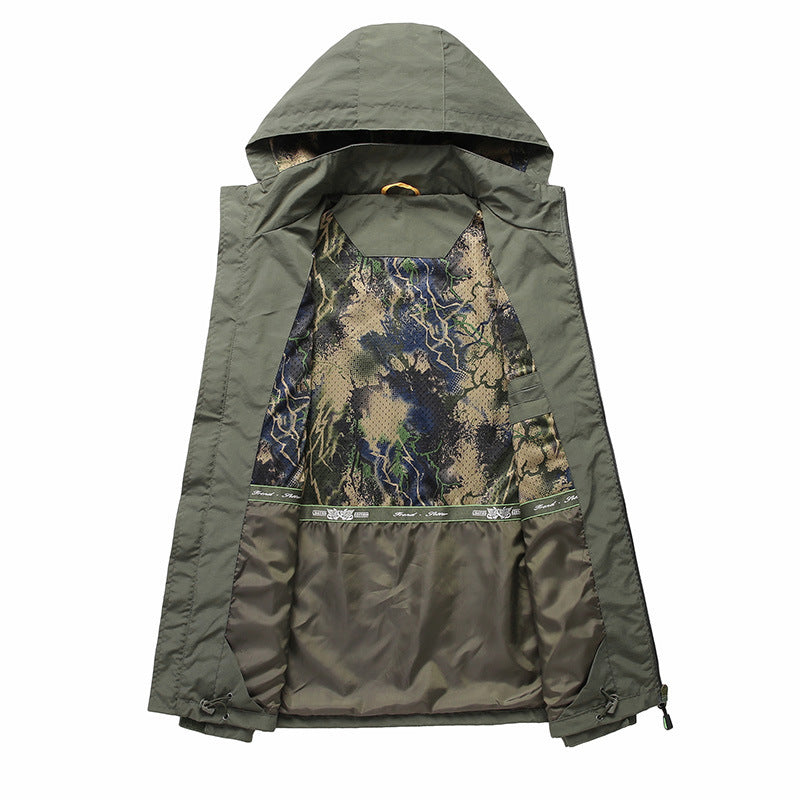 US Hot Sale Mens Outdoor Hiking Jackets Summer Military Multi-pockets Tactical Hunting Fishing Waterproof Hooded Thin Jacket Men-Style Heaven