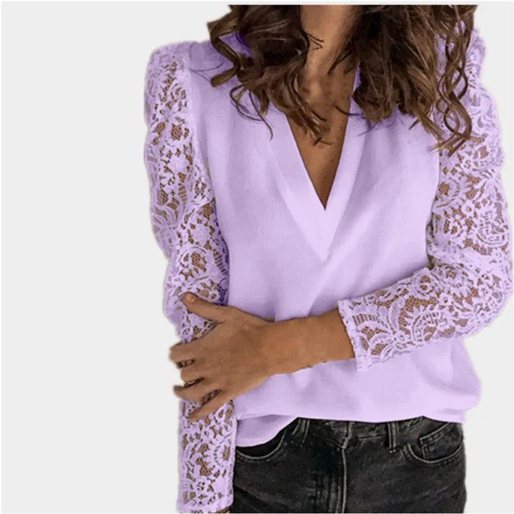 Spring/Summer New V-neck Commuter Shirt Spliced with Lace Solid Casual Long Sleeve Slim Fit Bottom for Women's Wear-Style Heaven