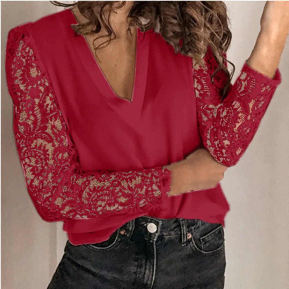 Spring/Summer New V-neck Commuter Shirt Spliced with Lace Solid Casual Long Sleeve Slim Fit Bottom for Women's Wear-Style Heaven