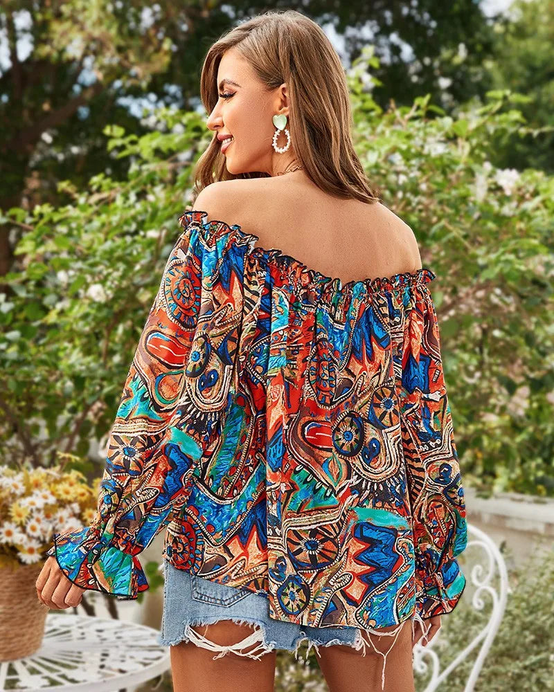 Sexy Slash Neck Off The Shoulder Strapless Lace Up Long Sleeve Floral Print Blouse Tops Summer Lady OL Workwear Blouse Shirts-Style Heaven