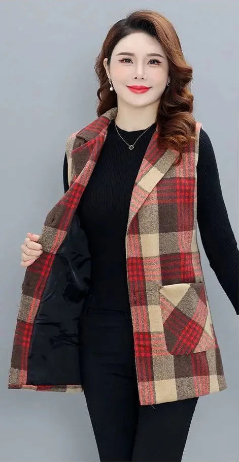 Women Spring and Autumn Fashion New Suit Collar Coat Plaid Button Pockets Splicing Leisure Versatile Mid-length Sleeveless Vest