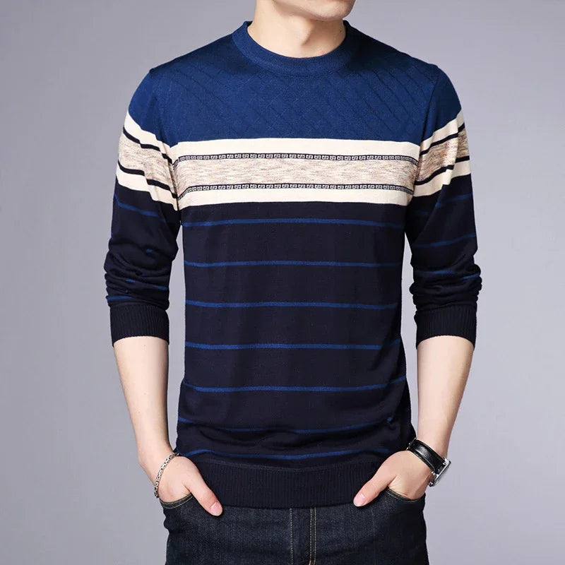 Men's Casual Striped Knit Spring and Autumn Long Sleeved Pullover Fashion Top-Style Heaven