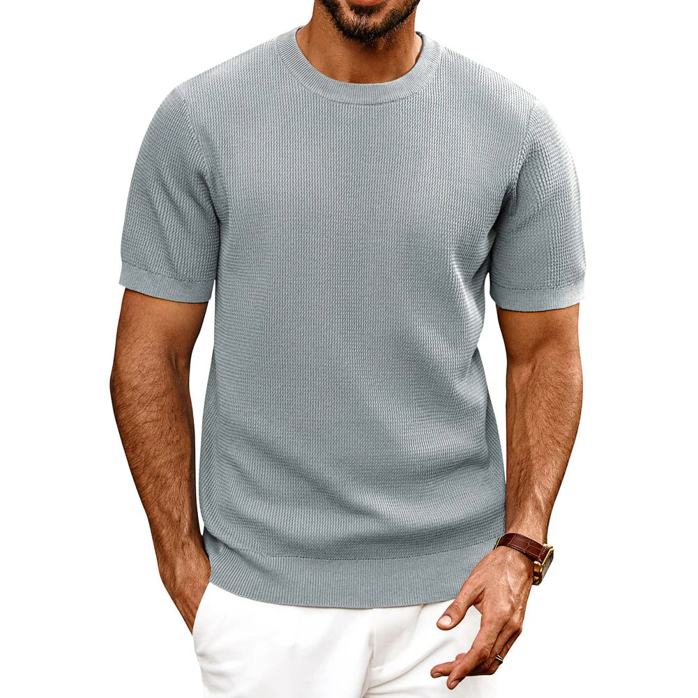 PJ Men Gentleman Basic Textured Knitted T-Shirt Short Sleeve Crew Neck Tops Knitwear High Stretch Fashion - Clothing Tops in ##color## by Style Heaven | High-Quality & Trendy Fashion