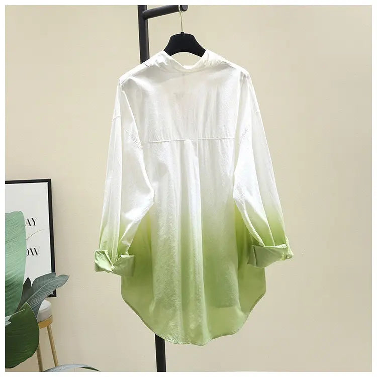 100% Pure Cotton Gradient Long Sleeved Shirt Spring Autumn New Casual Loose Loose Blouse Tops Commuting Trendy Clothes for Women-Style Heaven