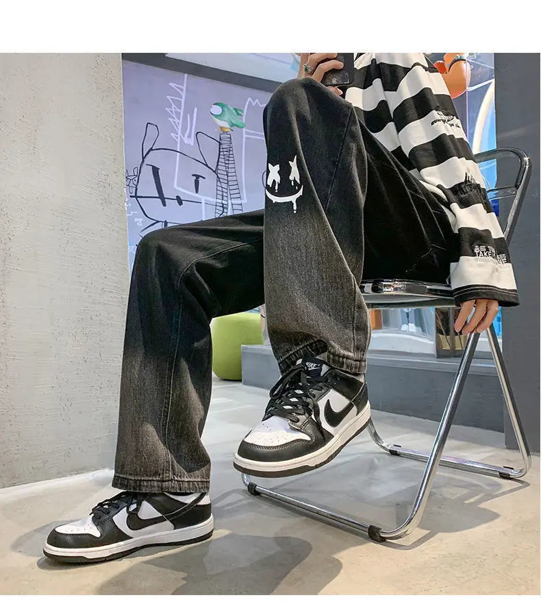 Male New Straight Vintage Gradient Washed Denim Pants Baggy Light Blue Black Casual Jeans  Printed  Fashion Hip Hop Streetwear-Style Heaven