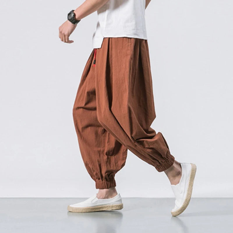 Cotton Linen Harem Pants Men Solid Elastic Waist Streetwear Joggers New Baggy Drop-crotch Pants Casual Trousers Men-Style Heaven