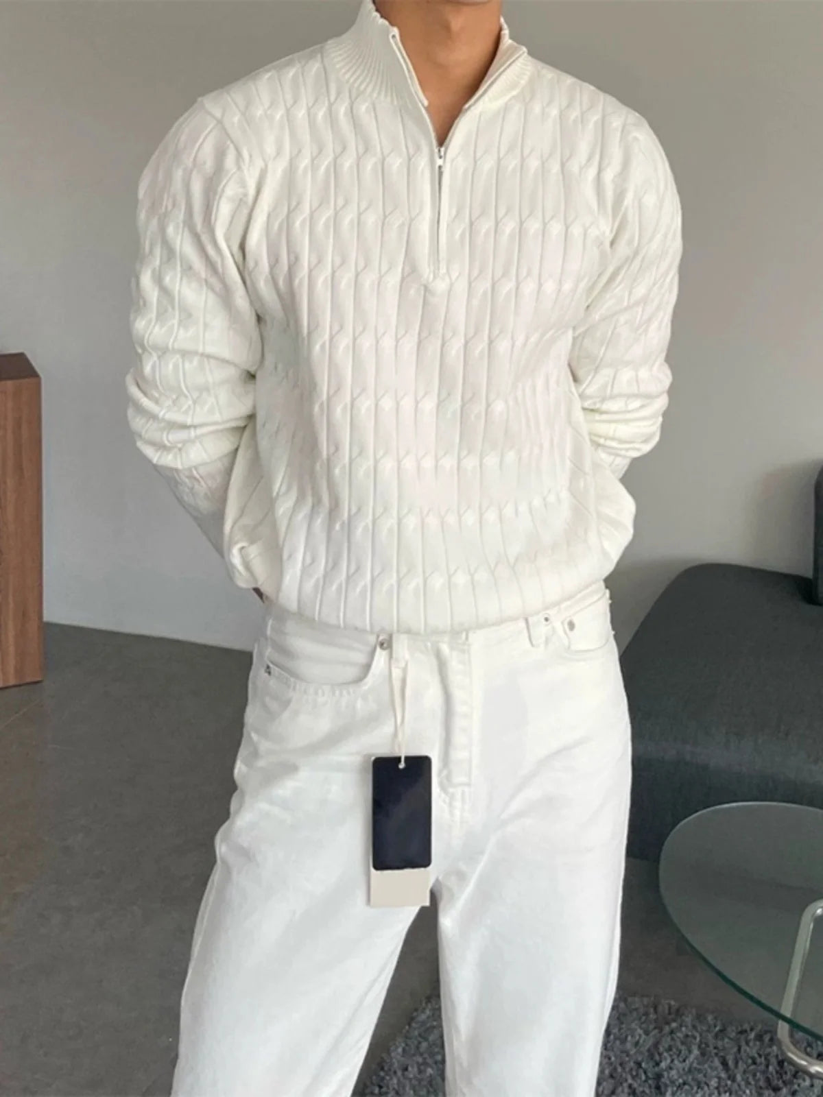 High-Neck Zipper Men's Knitted Sweater Long Sleeve Fashionable White Outerwear Casual Lazy Sle All-Match Spring Autumn-Style Heaven