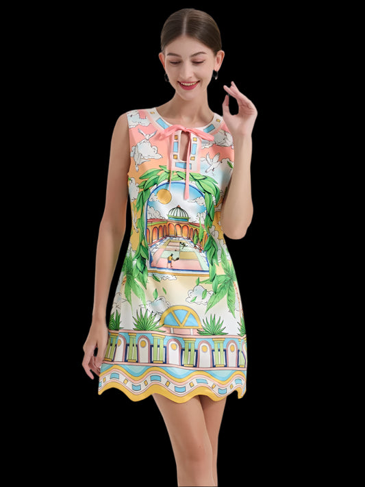 Summer Vacation Cartoon Position Print Wave Edge Hem Short Dress Women's Sleeveless Ribbon Bow Collar Tank Mini A Line Vestidos - Clothing in ##color## by Style Heaven | High-Quality & Trendy Fashion