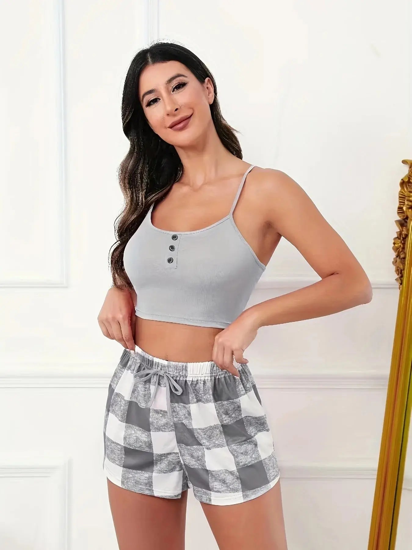 1 Set Plaid Print Pajama Set, Scoop Neck Cami Top & Elastic Waistband Shorts, Women's Sleepwear & Loungewear