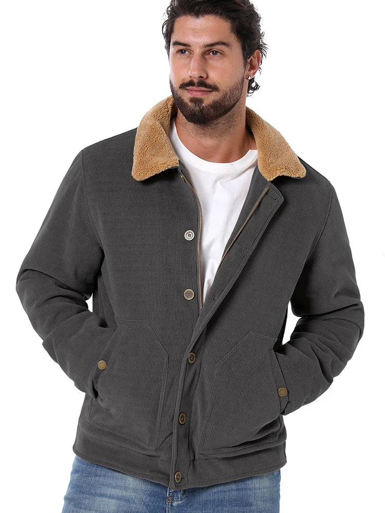 Men's Winter Corduroy Jacket Fleece Warm  Lined Cargo Work Jacket Casual Thick Sherpa Collar Trucker Deck Navy Coats-Style Heaven