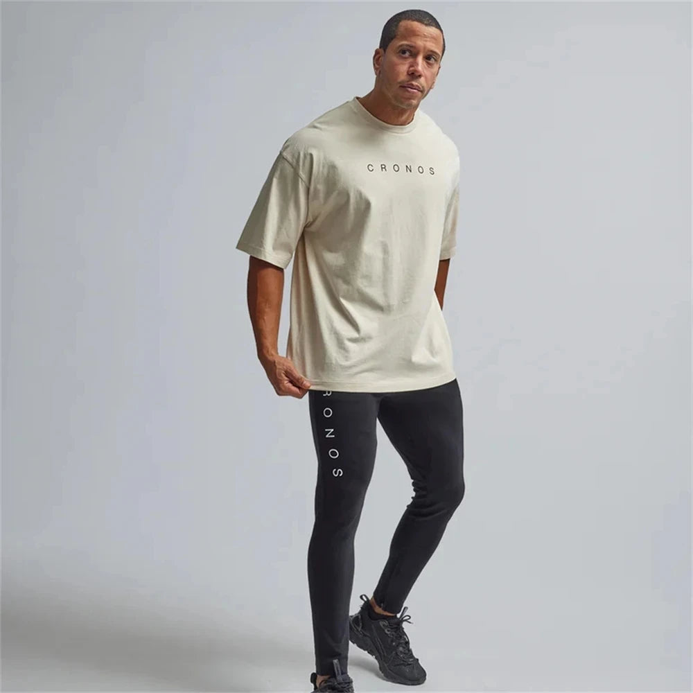 Men Loose Oversized T Shirt Cotton Printed Running Sport Gym Shirt Fitness Top Workout Sportswear Jogging Tees Training Clothing-Style Heaven