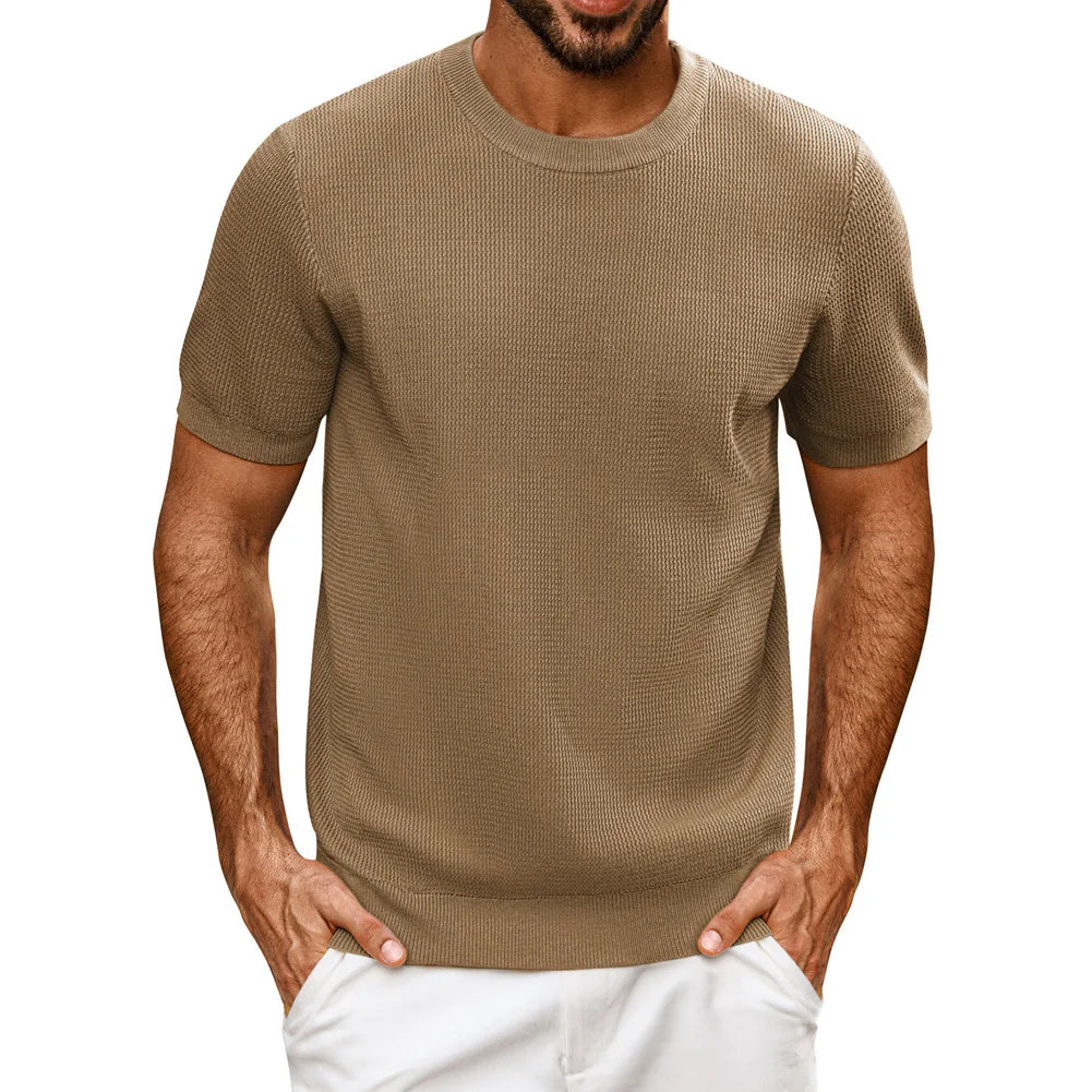 PJ Men Gentleman Basic Textured Knitted T-Shirt Short Sleeve Crew Neck Tops Knitwear High Stretch Fashion - Clothing Tops in ##color## by Style Heaven | High-Quality & Trendy Fashion