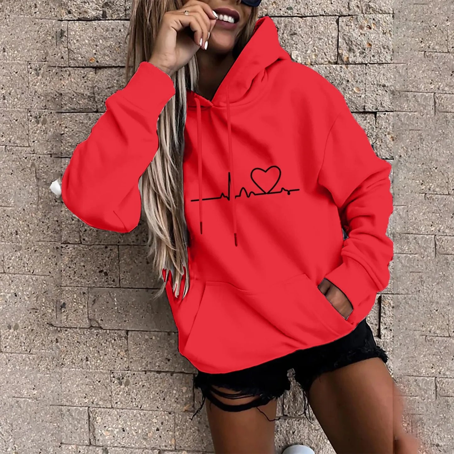 Heartbeat Sketch Printed Women's Hoodie Long Sleeve Casual Daily Wear 2025 Women Hoodies Fall Winter sudaderas de mujer-Style Heaven