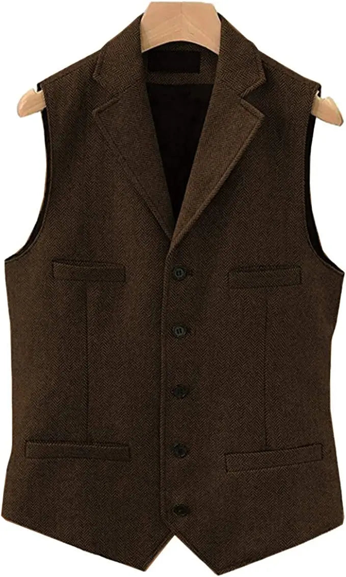 Tweed Herringbone Mens Suit Vest Slim Fit Notch Lapel With 4 Pockets Groomsmen Wedding Waistcoat For Wedding-Style Heaven