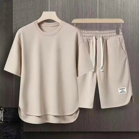 2Pcs/Set Men Summer Casual Outfit Short Sleeve T-shirt Elastic Drawstring Waist Wide Leg Shorts Set Activewear Set