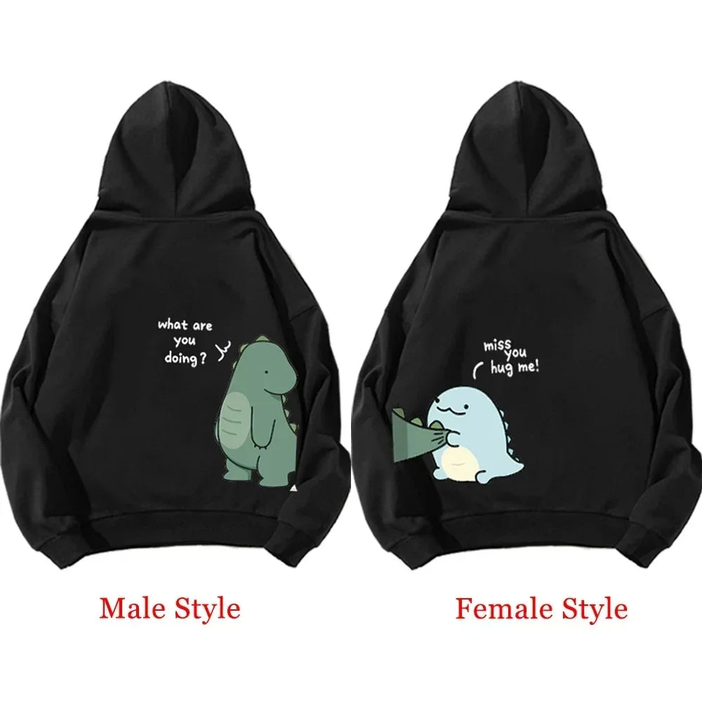 Spring and Autumn Couples Hooded Hoodie Fun Dinosaur Print Hooded Long Sleeved Sweatshirt Unisex Top Y2K Clothes-Style Heaven