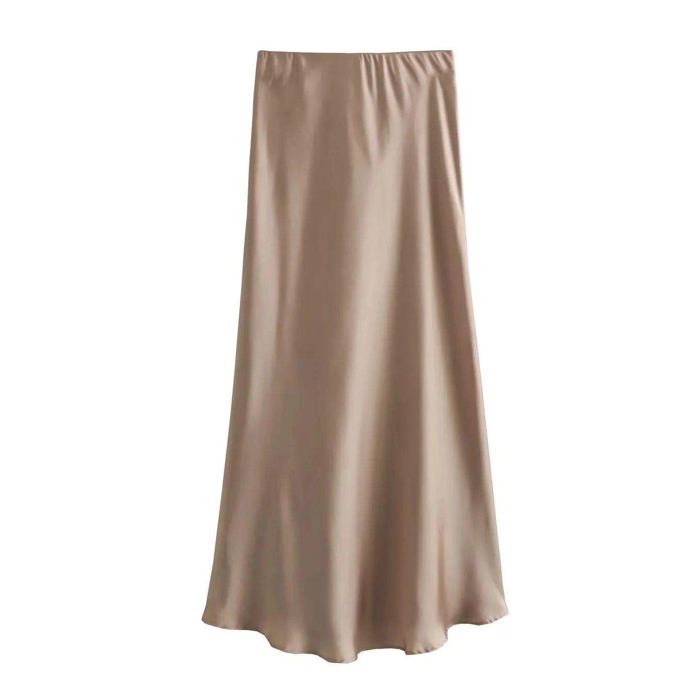 Women's Fashion Flowing Satin Midi Skirt Women Vintage Elastic High Waist Flared hem High Street Female Skirt