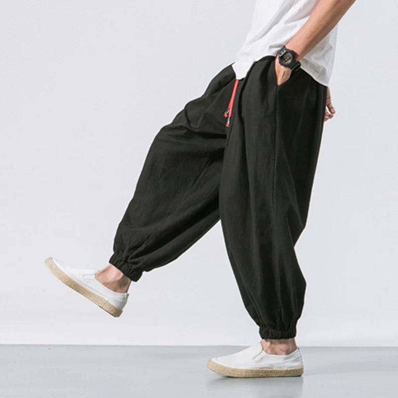 Cotton Linen Harem Pants Men Solid Elastic Waist Streetwear Joggers New Baggy Drop-crotch Pants Casual Trousers Men-Style Heaven