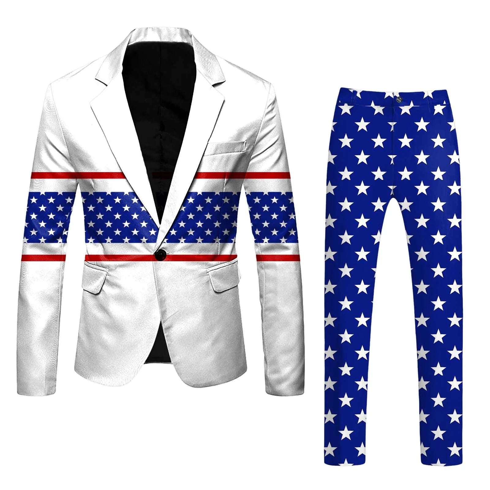 Suits - 2 Piece Set Men's Independence Day Blazer Long Sleeve Coat And Pants Set Printed Flag Button Suit Holiday Party Men's Suit Set