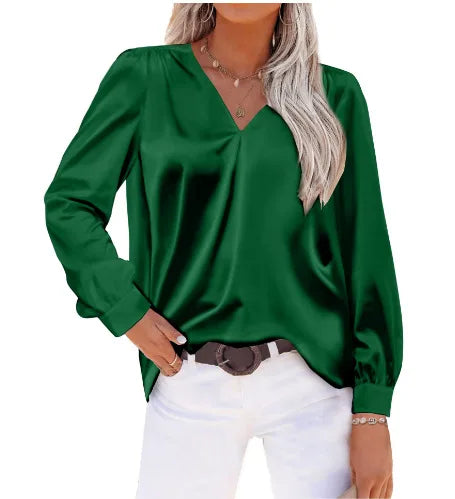 Elegant Women's Satin Imitation Silk Long Sleeve Shirt Autumn/Winter Solid Office Lady Lapel Button Blouse Women Clothing S-XXL-Style Heaven