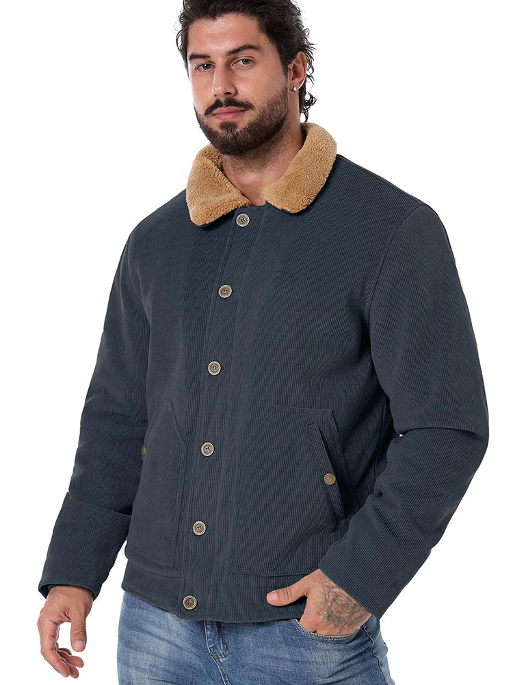 Men's Winter Corduroy Jacket Fleece Warm  Lined Cargo Work Jacket Casual Thick Sherpa Collar Trucker Deck Navy Coats-Style Heaven