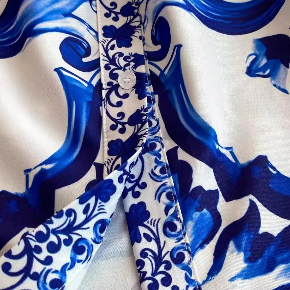 2025 Summer Blue White Porcelain Print Long Dress Shirt Women Single Breasted Flying Sleeve Elegant Floral Party Maxi Vestidos-Style Heaven